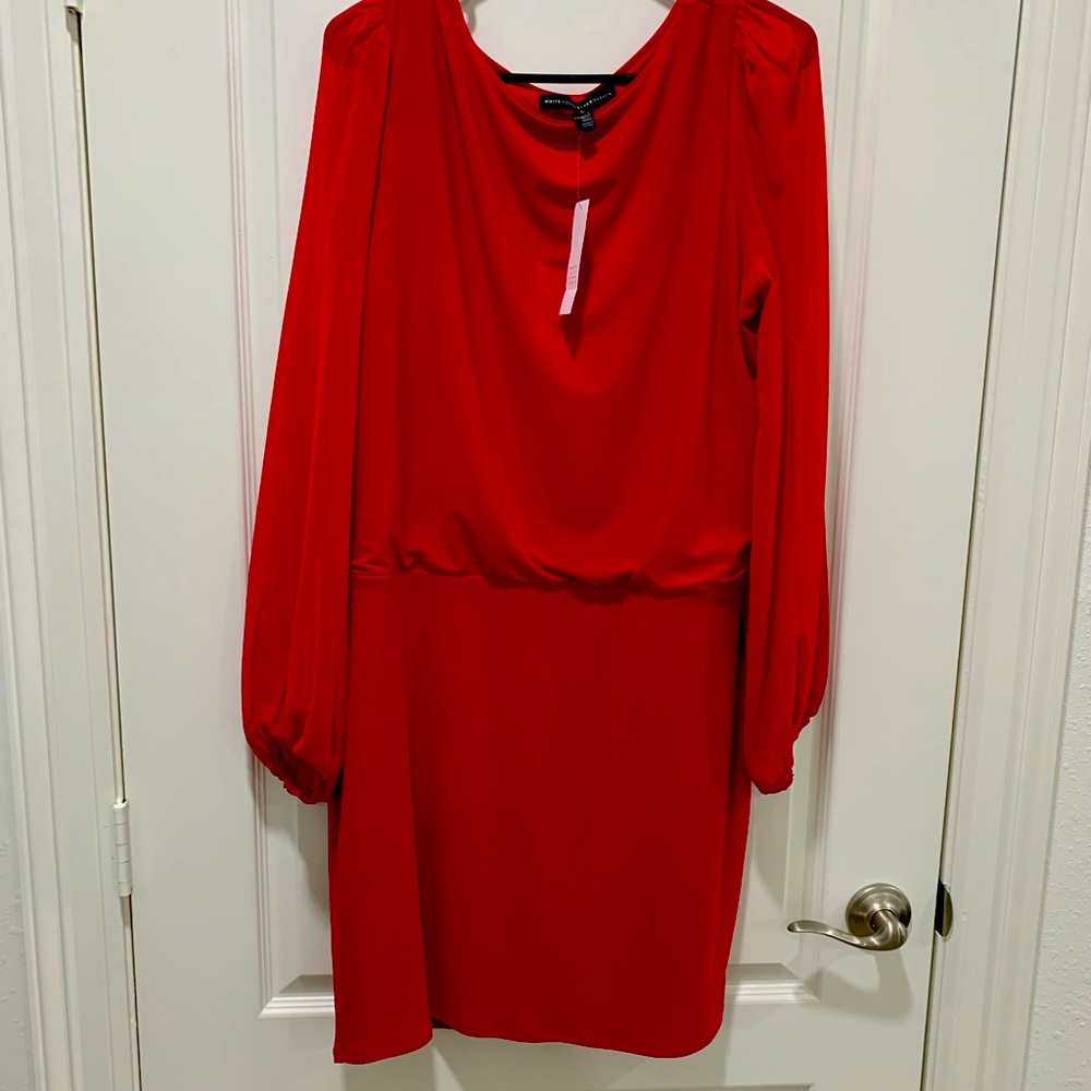 New with Tags White House black Market Red dress with sheer sleeves size Large